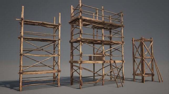 a collection of weathered wooden scaffolding structures of varying heights are displayed against a muted gray background.