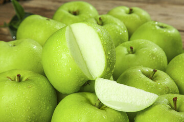 Fresh Green Apples with Slices - Healthy Organic Fruit with Water Droplets