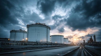 a dramatic view of industrial storage tanks and pipelines silhouetted against a turbulent, golden-hued sunset sky.