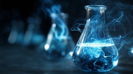 a glowing blue liquid swirls within a glass flask, emitting ethereal smoke in a darkened laboratory setting.