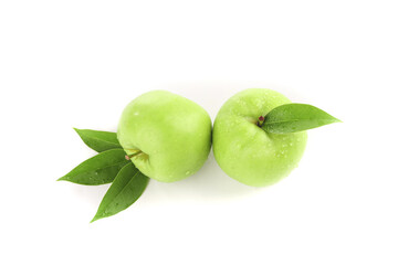 Fresh Green Apples with Leaves on White Background - Shaanxi Shanxi Crisp Sweet Fruit