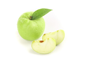 Fresh Green Apple with Leaf and Slices from Shaanxi China on White Background