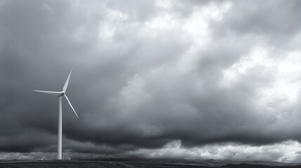 a solitary wind turbine stands silhouetted against a dramatically clouded and expansive sky in a stark monochrome landscape.