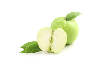 Fresh Green Apples with Half Cut Showing Interior on White Background