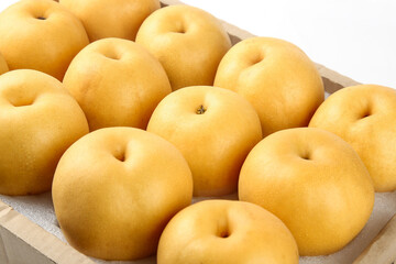 Golden Asian Pears in Wooden Box - Fresh Autumn Harvest Fruit Collection