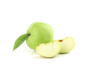 Fresh Green Apple from Shaanxi China - Whole and Sliced on White Background