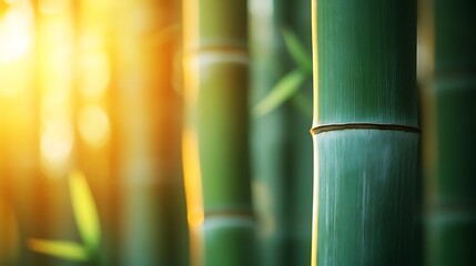 Close-up of bamboo stalks illuminated by sunlight, highlighting texture and detail