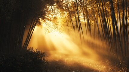 Golden Sunlight Filtering Through the Bamboo Forest, Creating a Dreamy Atmosphere