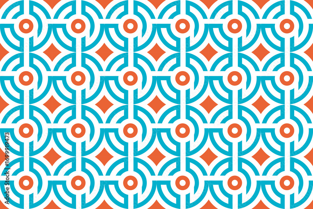 Poster a colorful pattern of circles, diagonal squares and solid lines. combination and orange on element i