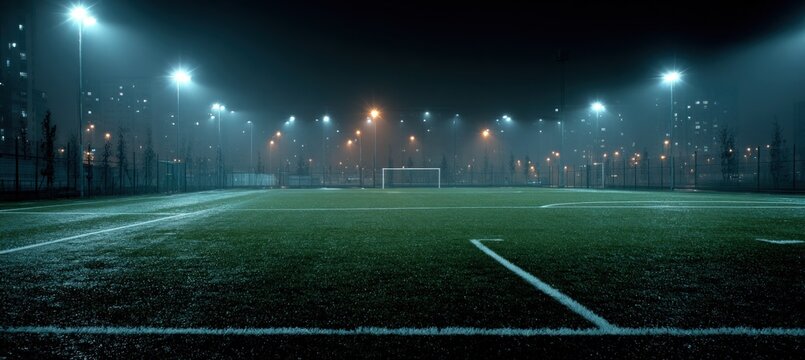 A deserted soccer field at night, illuminated by stadium lights amidst a misty atmosphere - Powered by Adobe