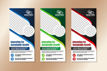 innovating for sustainable growth roll up banner design template. modern corporate poster stand template design in multiple eye catching color. blue, green and red for business agency with presentatio