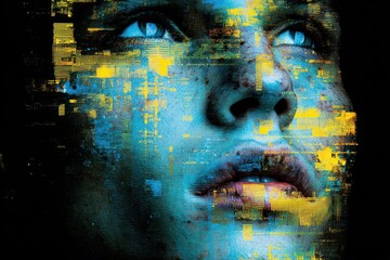 artistic closeup portrait of human skin blended with glitch textures geometric overlays and neon blocks, ai coded identity artwork exploring machine vision aesthetics