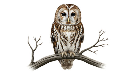 Tawny Owl Perched on a Branch, Isolated on White bird raptor