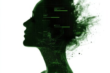 futuristic side profile with green code fragments ai coded identity portrait representing algorithmic human data post human visuals and biometric scanning interface design aesthetic