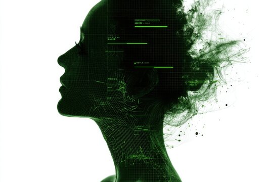 futuristic side profile with green code fragments ai coded identity portrait representing algorithmic human data post human visuals and biometric scanning interface design aesthetic