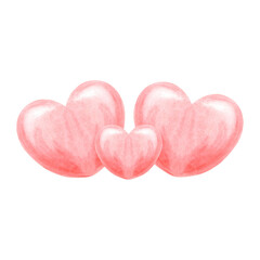 Pink hearts watercolor illustration for kids theme. Hand drawn isolated festive element for Valentines and Romantic designs. Decorative symbol of love for invitations, wedding card, moterhs day, date.
