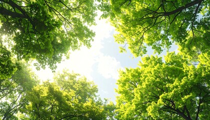 Fototapeta premium Lush green foliage of trees fills the frame, creating a vibrant and peaceful scene as sunlight filters through the canopy.