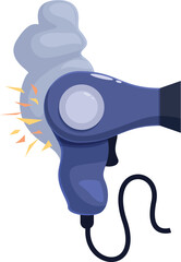 Hair dryer blowing hot air, creating a stylized effect with smoke and sparks