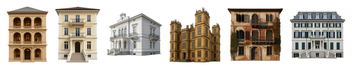 European architecture building set including classical, renaissance, baroque, and residential facades isolated. Historical urban design elements.