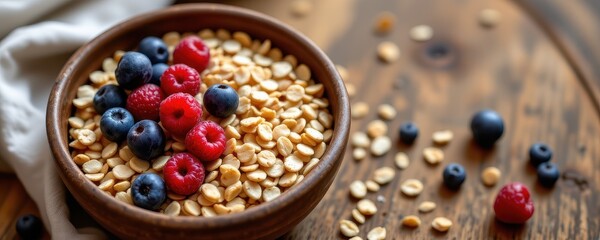 a rustic bowl of fortified cereals with berries, symbolic food to raise hemoglobin in anemia, realistic natural food photography, warm daylight kitchen wooden background.