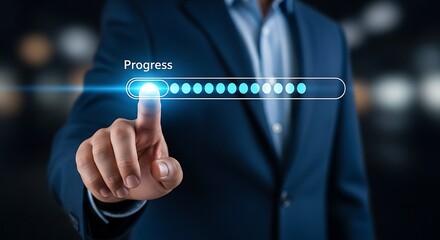 Closeup of a businessmans finger touching a progress bar with glowing dots, indicating loading, completion, and advancement in a digital interface