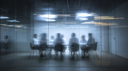Long exposure shot of group of people in a meeting room, business concept. High quality