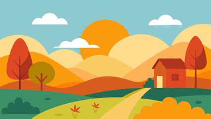 Fototapeta premium Cartoon landscape with house and autumn trees