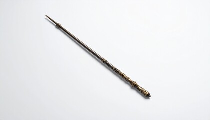 Naklejka premium Ornate metallic wand with tapered tip and detailed carvings near the handle, resembling a fantasy prop or magical artifact against a plain background.