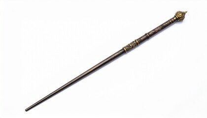 Ornate metallic wand with tapered tip and detailed carvings near the handle, resembling a fantasy prop or magical artifact against a plain background.
