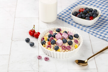 Healthy Oatmeal Bowl with Fresh Berries and Milk for Weight Loss Breakfast