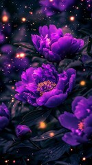 Dark purple peonies bloom under magical night lights