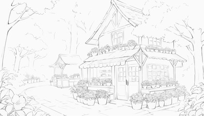 Charming flower shop illustration in a serene garden setting with abundant flower pots