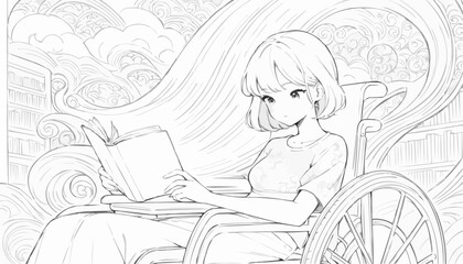 Young woman with a calm demeanor reading a book while sitting in a wheelchair