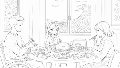 Family enjoying a meal together at the dining table with a scenic wave backdrop
