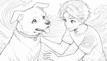 Boy interacting joyfully with a dog against a wave background in a playful setting