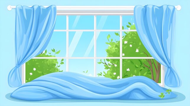 Morning light streaming through blue curtains cozy room digital illustration bright atmosphere