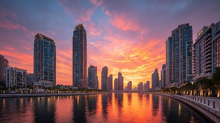 Fototapeta premium A stunning sunset over dubais skyline reflecting in the calm waters of the canal