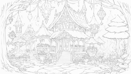 Enchanted coloring page of a whimsical garden cottage surrounded by plants and magical decor
