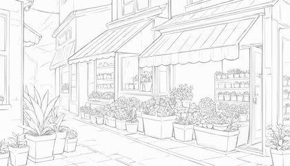 Charming coloring page of a narrow street lined with flower shops and vibrant greenery
