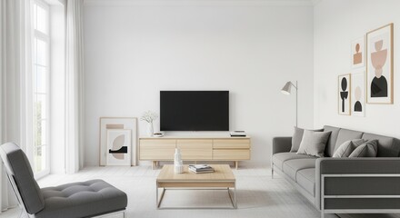A bright minimalist living room with a grey sofa light wood TV stand a flat-screen TV and abstract framed art