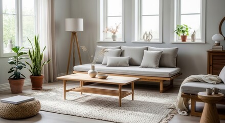 A bright minimalist living room features a light gray daybed with cushions a wooden coffee table houseplants and three large windows creating a serene indoor space
