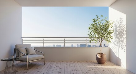 Fototapeta premium A bright modern balcony with a potted tree an armchair and a side table overlooking a city skyline under a clear sky with sharp shadows