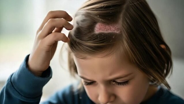 Young girl scratching her head due to lice or dandruff problem on scalp