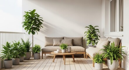 A bright outdoor balcony space featuring several potted green plants two light-colored sofas and a wooden coffee table on a light wood floor