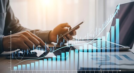 Business person using smartphone and laptop with financial charts and graphs overlay, symbolizing growth and analysis