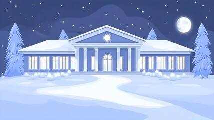 Fototapeta premium Winter wonderland scene featuring a snow-covered mansion at night digital art peaceful atmosphere