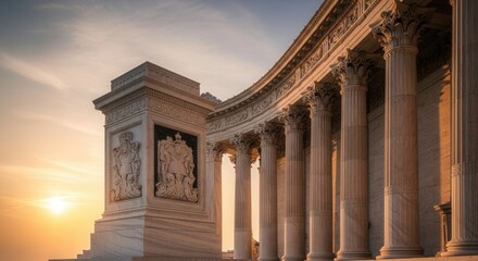 A grand classical building with numerous ornate columns and sculptural reliefs bathed in the warm light of a sunrise or sunset under a soft sky
