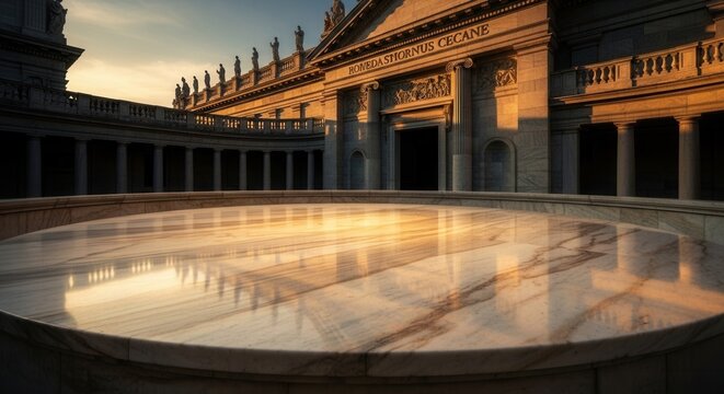 A grand stone building with columns roofline statues and an inscription reflected on a polished marble surface under warm light