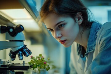 A young female scientist intently examines a plant specimen under a microscope, conducting research in a lab setting.