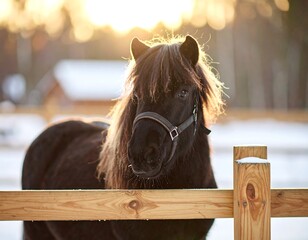 Dark horse in snowy field at sunset